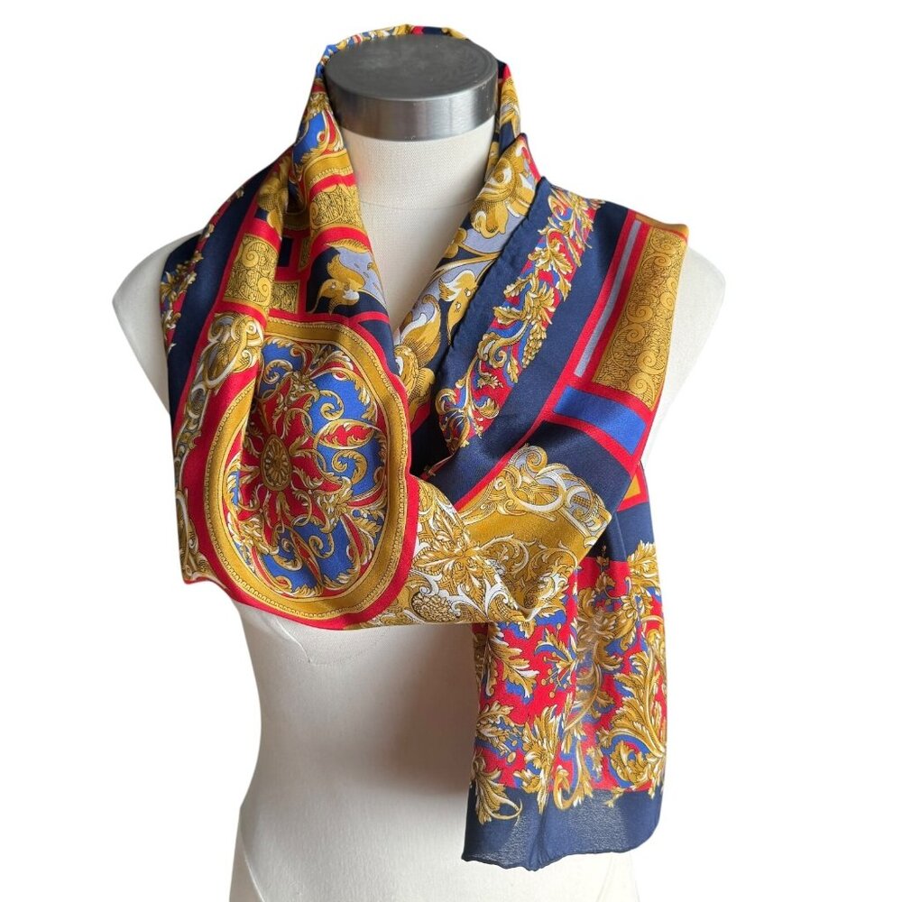 Vintage Georgiou 55 x 16 In‎ Silk Scarf Japan Navy Red & Gold Medallion Nautical